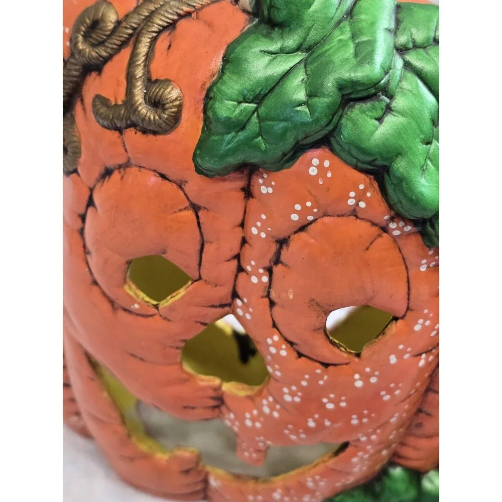 Vintage Ceramic Jack-O-Lantern Duo Halloween Pumpkin Decor 80s Hand Painted Prop